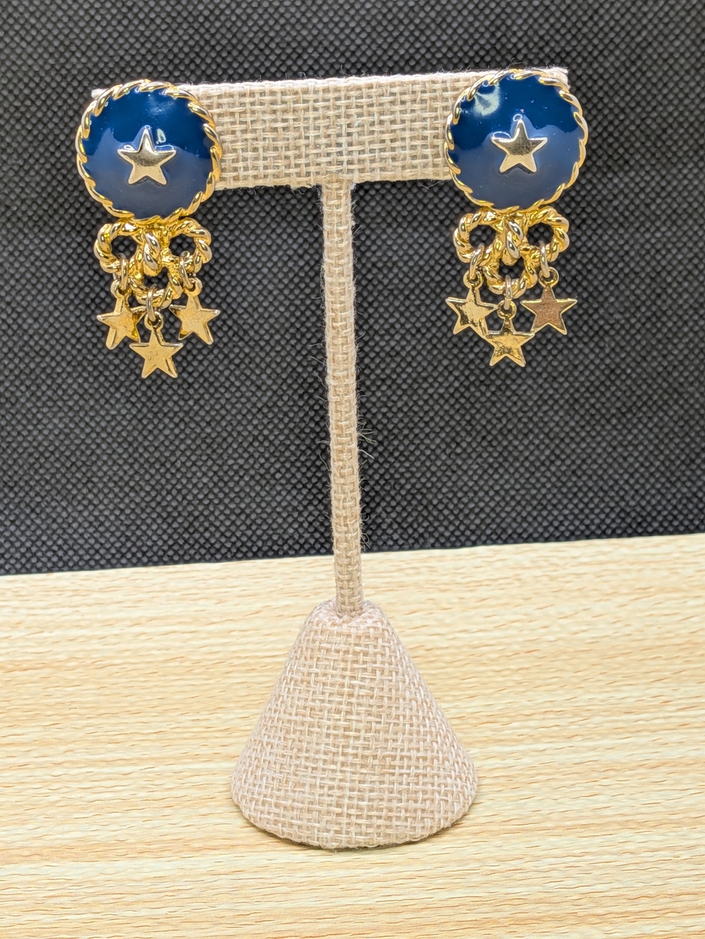 Vintage 80s Blue Enamel Dangling Gold Star Earrings